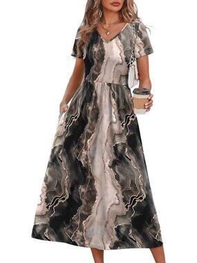 Women's Black Tie Dye Flowy Casual A Line Midi Beach Sundresses With Pocket
